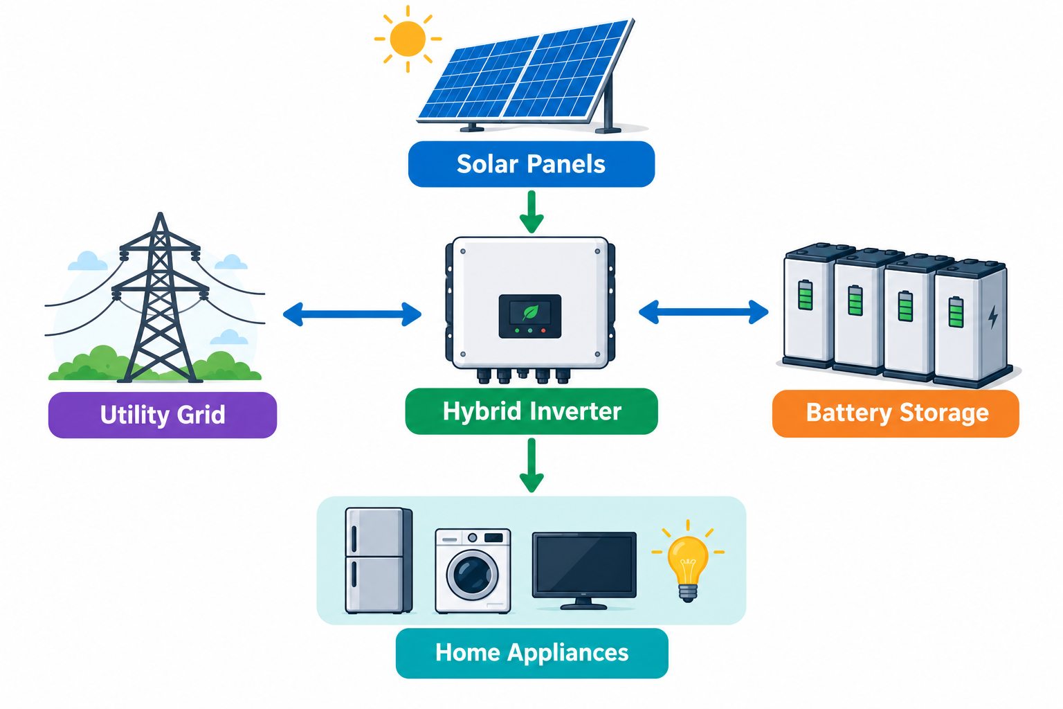 Hybrid Solar System combining grid connection and battery backup